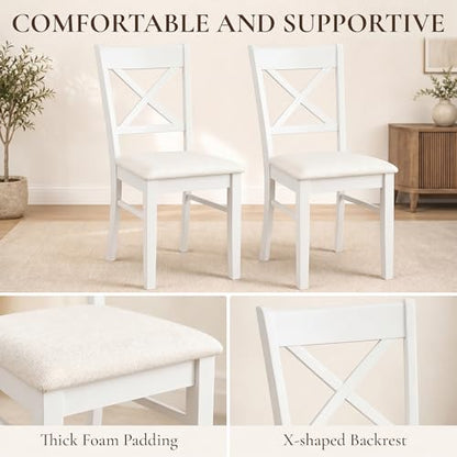 HOMCOM Dining Chairs Set of 2 Upholstered Kitchen Chairs Cross Back White | Rubberwood Frame, Padded Seat, for Living Room, Dining Room, Kitchen - color: White, style: Cross Back