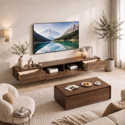 Floating TV Stand, Modern Wall-Mounted Entertainment Center with 1 Flip-Down Cabinet Doors 2 Drawers, Solid Wood Media Console (Walnut, 63") - color: Walnut, size: 63"