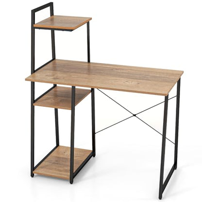 Tangkula Computer Desk with Shelves, Space Saving Home Office Desk with 3-Tier Ladder Shaped Storage Bookshelf, Modern Writing Study Desk with Metal Frame, Compact Computer Workstation (Natural) - color: Natural