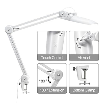 20" LED Desk Lamp with Clamp, 24W CCT Adjustable Dimmable Nail Light for Desk, 120 LEDs Metal Swivel Arm Daylight for for Nail Tech Task Home Office Reading Architect Craft, White - color: White
