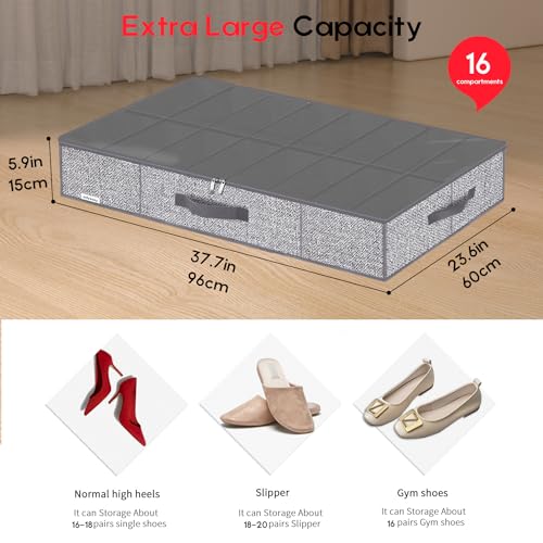 Onlyeasy Sturdy Under Bed Shoe Storage Organizers with Handles & Clear Window (16 to 32 Pairs) 2 Pack, Closet Shoes Containers Boxes for Kids & Adults, 37.7"x23.6"x5.9", Linen-like Grey, MXDUBS16P2 - color: 2 Shoes (16+16 Cells) Linen-like Grey