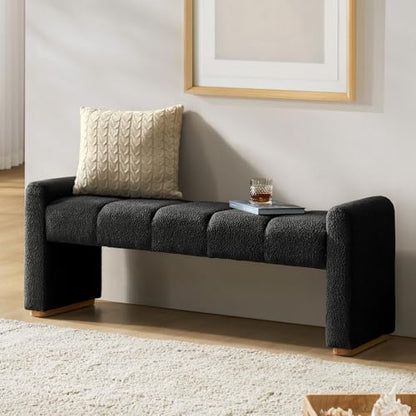 55" Upholstered End of Bed Bench with Rubber Wood Legs,Entryway Ottoman with Thick Padded Cushion for Bedroom and Living Room，Black - color: Black
