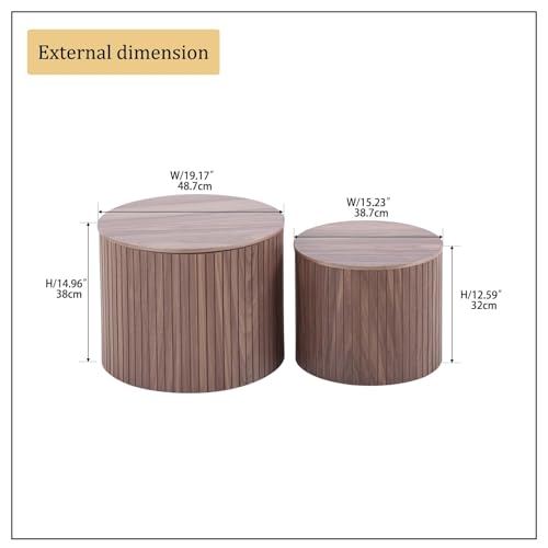 Round Nesting Coffee Table Set of 2, Wood Side Tables with Storage | Fluted Walnut Accent and End Tables Sets, Mid Century Modern, Living room, bedroom, office, small spaces - color: Walnut With Storage