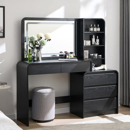 Aitjunz Vanity Desk with Mirror and Lights, 50” Modren Makeup Vanity with 35.43" Mirror and 5 Drawers, Makeup Table with Charging Station for Women and Girls, Bedroom (Black) - color: Black