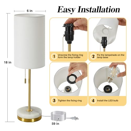 Desk Lamp & Table Lamp Set of 2, Bedside Lamps for Night Stands - Modern Small Table Lamps with Marble Base, Fabric Shade, Mini Pull Chain Bedroom Lamps for Living Room, Office, Reading (Gold) - color: Gold, White
