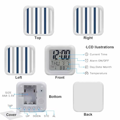 Digital Alarm Clocks for Bedroom,Navy Blue Stripe Gray Linen Cube Alarm Clock with Snooze and Nightlight Geometric Minimalist Style Silent Office Desk Clock Time/Date/Temperature Display - color: Blue