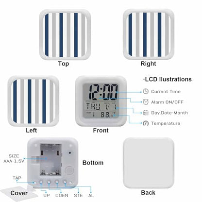 Digital Alarm Clocks for Bedroom,Navy Blue Stripe Gray Linen Cube Alarm Clock with Snooze and Nightlight Geometric Minimalist Style Silent Office Desk Clock Time/Date/Temperature Display - color: Blue