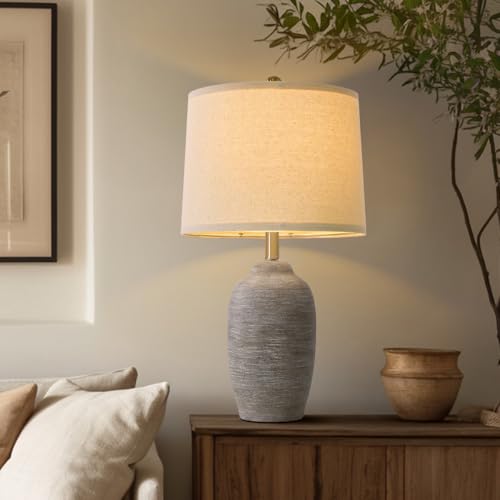 USumkky 24.5" Handcrafted Ceramic Table Lamp with 5FT Cord, Single Farmhouse Vintage Rustic Bedside Lighting for Living Room Bedroom Entryway Linen Shade Nightstand End Table Decor (Bulb Not Included) - color: 24.5" Purple-grey