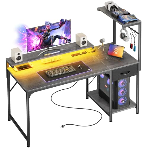 47.2 Inch Gaming Desk with LED Lights & Power Outlets | Computer Desk with Drawer & Storage Shelves, Office Writing Desk with Monitor Stand for Work from Home, Grey - color: Grey, size: 47.2 Inch