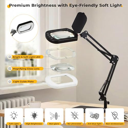 10X Square Magnifying Glass with Light and Stand/Clamp, 80 LED Lighted Magnifier with Dust Cover, 5 Color Modes Stepless Dimmable, Hands-Free Desk Magnifying Glasses for Close Work, Crafts, Reading