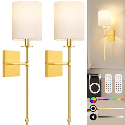 27 Inch Wall Sconces Battery Operated Set of 2, Rechargeable Wireless Wall Sconces Lights with Remote, Not Hardwired Dimmable Gold Wall Lamps with White Fabric Shade for Bedroom, 2 Bulbs Included - color: Gold and White, size: 27 inch