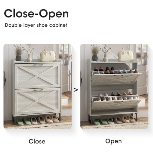 Maupvit Shoe Storage Cabinet with 2 Flip Drawers, Freestanding Organizer with Metal Legs for Entryway, Narrow Shoe Rack Cabinet, Beige - color: Beige, style: 2-Drawers