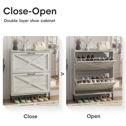 Maupvit Shoe Storage Cabinet with 2 Flip Drawers, Freestanding Organizer with Metal Legs for Entryway, Narrow Shoe Rack Cabinet, Beige - color: Beige, style: 2-Drawers