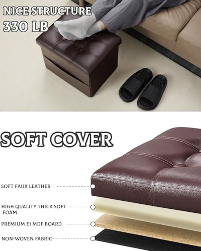 Ottoman with Storage,17 Inch Leather Folding Foot Rest Stool,Brown | Small Ottoman with Side Pockets, Thicker Foam Padded Seat, 17 * 13 * 13 Inch, Livingroom, Dorm, Bedroom, Entryway - color: Brown