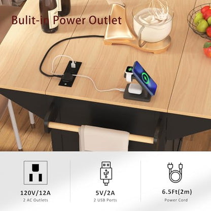 55.7" W Kitchen Island with 2 Drop Leaf, Moblie Kitchen Cart On Wheels with Storage Cabinet, 3 Drawers, Multifunctional Rolling Dining Table with Power Outlet, Spice & Towel Rack (Black-v) - color: Black-v)