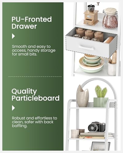 5 Tier Ladder Shelf with Drawer, Tall Ladder Bookshelf, Standing Bookcase with Metal Frame for Living Room, Bathroom, Home Office, Study, Balcony, White TCJ07WB - color: White