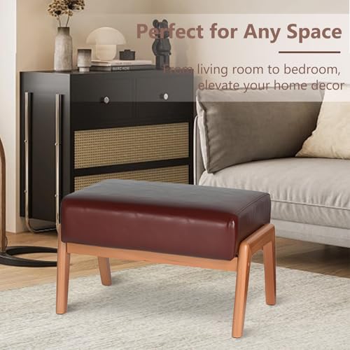 Foot Stool, Leatherette Wooden Step Stool, Modern Rectangle Ottoman Wide Vanity Stool with Cushion for Couch Living Room Bedroom Entryway, Brown - color: Brown