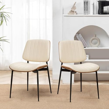 LUNLING Dining Room Chairs Mid Century Modern Retro Beige Faux Leather Chair with Walnut Bentwood Upholstered Seat Metal Legs Kitchen Chairs Adjustable Foot for Kitchen Dining Room,1PCS - color: Beige, size: 1PCS