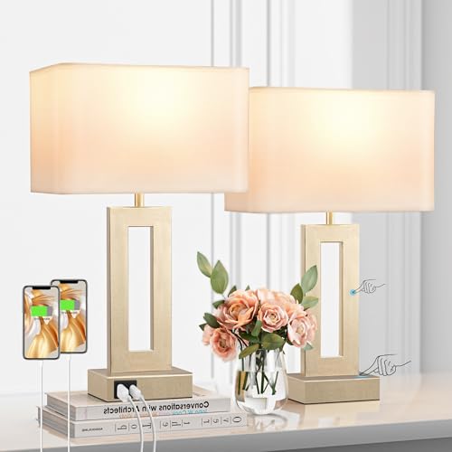 Gold Table Lamps Set of 2, 16.4" Bedside Lamps for Nightstand with USB C+A | 3 Way Dimmable, Touch Night Stand Lamp with Charging Station for Beroom, Dorm, Living Room, Desk, LED Bulb Included - color: A. White&Gold, size: Medium(16.4in)