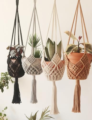 Hanging Planter with Patterns,4Packs Macrame Plant Hangers Indoor Macrame for up to 8 inch Pot Crochet Boho Plant Hanger Holder for Indoor Outdoor with 4S Shaped Stainless Steel Hooks (4colors) - color: 4colors