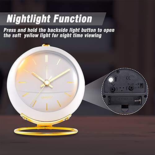 AYRELY® Battery Operated Analog Desk Alarm Clock with Light, Table Clock | Retro Aesthetic Clock with Silent Non-Ticking Movement for Bedside, Bedroom, Kitchen, Office, Travel & Kids' Room (White) - color: White