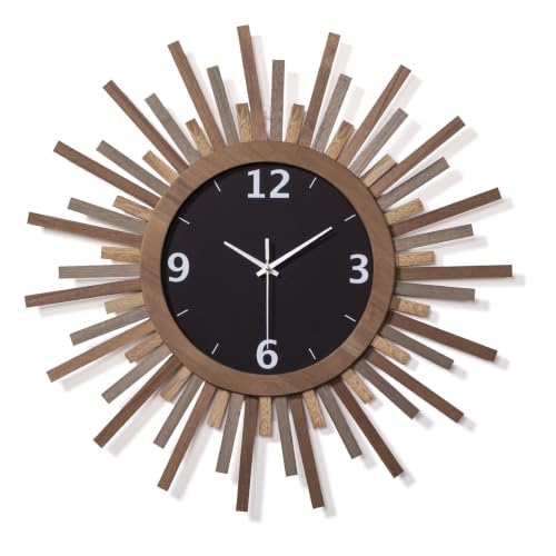 24 Inch Large Wall Clock, Battery Operated, Silent, Rustic Wood Boho Sunburst Decorative Wall Clocks for Living Room Kitchen Bedroom Farmhouse Office Decor (Tricolor) - color: Tricolor, size: 24 inch