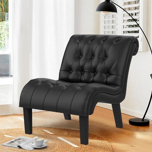 Black Faux Leather Accent Chair Modern Button Tufted Upholstered Armless Chair for Bedroom Living Room with Wood Legs - color: Black Pu, size: 1 Chair