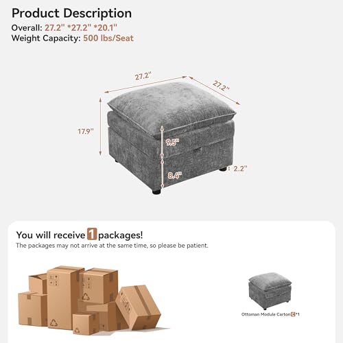 27" Large Square Ottoman with Storage, Modern Upholstered Footrest with Anti-Slip Legs for Couch Coffee Table Living Room, Bedroom, Entryway, Chenille Light Grey - color: Light Grey, size: 27" Ottoman
