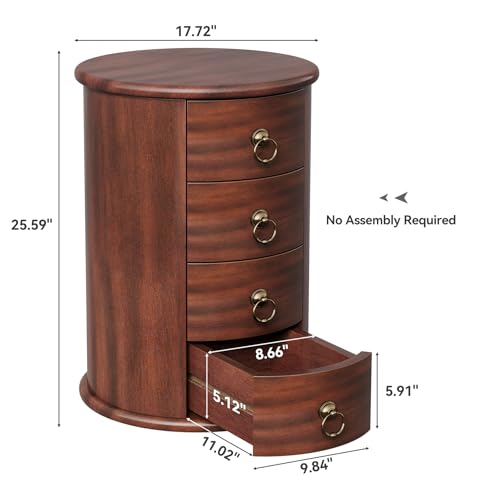 LITTLE TREE Small Side Table, Round Solid Wood End Table with Storage for Living Room, Mid Century Modern Nightstand with 4 Drawers for Bedroom, Small Spaces, Couch, Bedside, No Assembly Required - size: 1