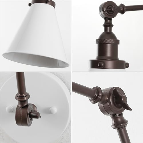 JONATHAN Y Rover 1-Light Wall Sconce 7", White/Oil Rubbed Bronze, Set of 2 | Adjustable Arm, Hardwired Bedside Reading Swing Arm, Farmhouse Cone Shade, Metal Hardwired Indoor Fixture, LED Bulbs Included - color: White/Oil Rubbed Bronze, size: Set of 2