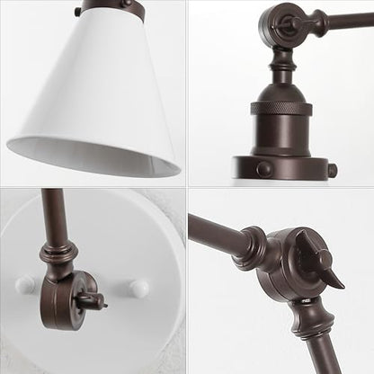 JONATHAN Y Rover 1-Light Wall Sconce 7", White/Oil Rubbed Bronze, Set of 2 | Adjustable Arm, Hardwired Bedside Reading Swing Arm, Farmhouse Cone Shade, Metal Hardwired Indoor Fixture, LED Bulbs Included - color: White/Oil Rubbed Bronze, size: Set of 2