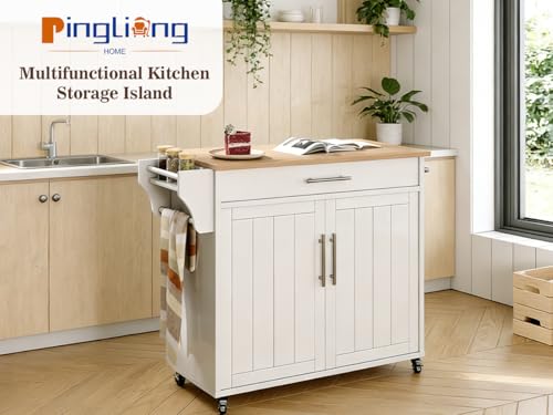 Kitchen Storage Island, Wooden Rolling Island On Wheels with Wood Top, Mobile Kitchen Island Cart with Towel Rack, Spice Rack and Drawers, White - color: White