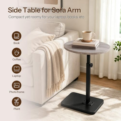 HOOBRO C Shaped End Table Adjustable Height, Small Tv Tray Table for Sofa | Small Oval C Shaped Side Table That Slide Under, Coffee Table for Couch, Small Spaces, for Living Room and Bedroom - color: Greige + Black