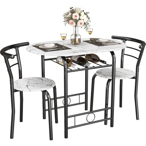 JUMMICO 3-Piece Wooden Round Table & Chair Set | Kitchen Breakfast Nook Wood Grain Tabletop with Metal Frame and Built-in Wine Rack for Kitchen, Dining Room (White/Black) - color: White/Black