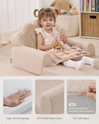 Blissful Diary Kids Couch, 2-in-1 Soft Kids Sofa, Kids Sofa Chair, Comfy Kids Furniture for Playroom, Reading & Play, Shell Beige - color: Shell Beige