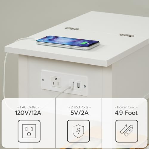 HOOBRO End Table with Charging Station, Flip Top Side Table with USB Ports, Narrow Nightstand Bedside Tables with Storage Shelves, for Small Space, Living Room, White WT141UBZ01 - color: White
