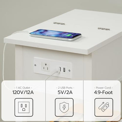HOOBRO End Table with Charging Station, Flip Top Side Table with USB Ports, Narrow Nightstand Bedside Tables with Storage Shelves, for Small Space, Living Room, White WT141UBZ01 - color: White