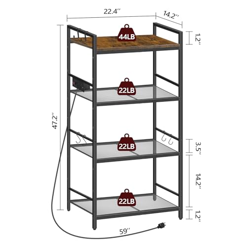 MAHANCRIS Bakers Rack with Power Outlet, Microwave Stand with Hooks, Multifunctional Storage Rack, Coffee Bar with Enclosure, Kitchen Storage Shelf, for Kitchen, Dining Room, Rustic Brown BRHR40E01N1 - color: Rustic Brown