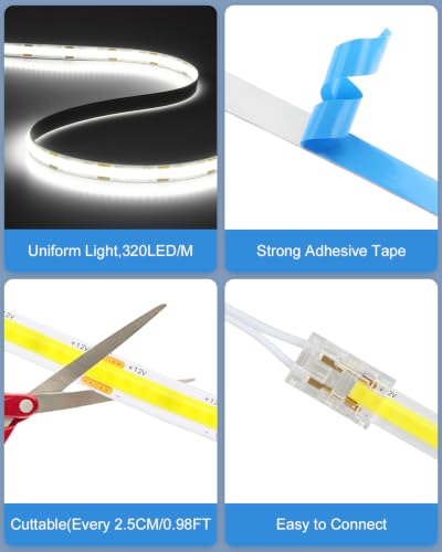 32.8FT Under Cabinet Light Strip Dimmable 11-in-1 COB LED Strip Cold White | 12V 100W 2 Rolls of 16.4ft,Adhesive Cuttable BookShelf Lighting kit,with Hand-Sweep Switch LED Shelf Lights,for Display Case - color: Cold White, size: 10M