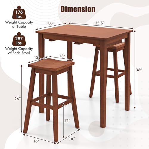 COSTWAY 3-Piece Bar Table Set, Wooden Bistro Set w/Pub Table and 2 Saddle Stools, Bar Chairs Under Counter Height Table, Space-Saving Dining Set for Breakfast Nook, Living Room, Small Space | Bar Chairs Under Counter Height Table, Space-saving Dining Set