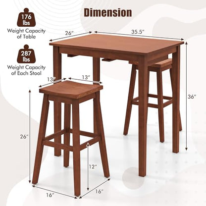 COSTWAY 3-Piece Bar Table Set, Wooden Bistro Set w/Pub Table and 2 Saddle Stools, Bar Chairs Under Counter Height Table, Space-Saving Dining Set for Breakfast Nook, Living Room, Small Space | Bar Chairs Under Counter Height Table, Space-saving Dining Set