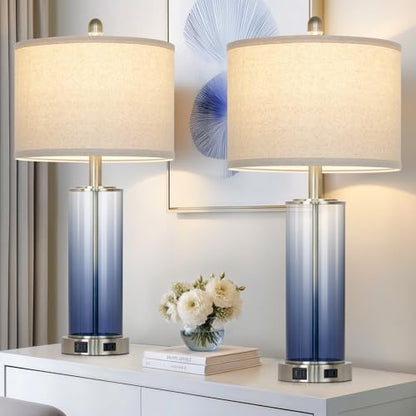 26" Coastal Blue Glass Table Lamps Set of 2, 3-Way Dimmable Touch Control Bedroom Lamp with USB C+A Ports & AC Outlet, Elegant Living Room Lamp, Nautical Bedside Lamps for Nightstand Side End Table - color: Blue