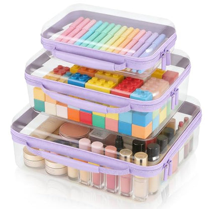 3 Pack Clear Hard Shell Zipper Storage Case Deep Capacity Organizer Pouches | PET Waterproof Transparent Bags with Handle 1.2mm Thick for Makeup Toiletries Cosmetics Toys Art Supplies Travel Essentials - color: purple