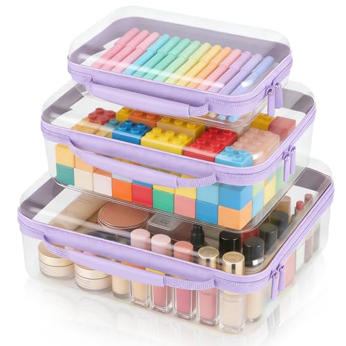 3 Pack Clear Hard Shell Zipper Storage Case Deep Capacity Organizer Pouches | PET Waterproof Transparent Bags with Handle 1.2mm Thick for Makeup Toiletries Cosmetics Toys Art Supplies Travel Essentials - color: purple