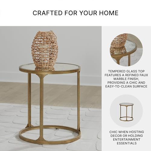 Signature Design by Ashley Korajane Round End Table, Gold, 20 Inch | 20x20x23 in round end table, 21.63 in under table space, Faux marble tempered glass top, Antique gold metal frame - color: Antique Gold