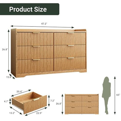 Fluted 6 Drawer Bedroom Dressers Set of 2, 47"W x 26"H, Natural Oak | Modern horizontal chests of drawers with TV stand tops, metal handles, smooth-gliding drawers and anti-tip kits - size: 15.6"D x 47.2"W x 26.8"H (12 Drawers)