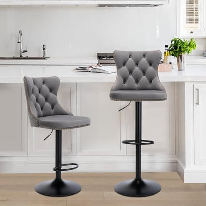 Velvet Bar Stool Set of 2, Adjustable Swivel Bar Stools with Black Metal Leg, Button Tufted, Footrest, Chrome Nailhead, Counter Height Chair for Kitchen, Bar, Dining Room (Grey) - color: Grey-black Leg, size: Set of 2