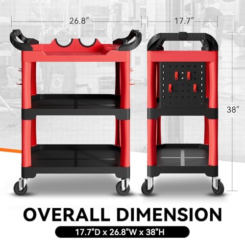Auto Dynasty 3-Level Rolling Cart Trolley Storage Detailing Cart with Cup Holders Pegboard 120 kg/260 Lbs Capacity on Wheels Fits Garage, Warehouse, Home and Workshop, Black/Red - style: with 2 sides Pegboard