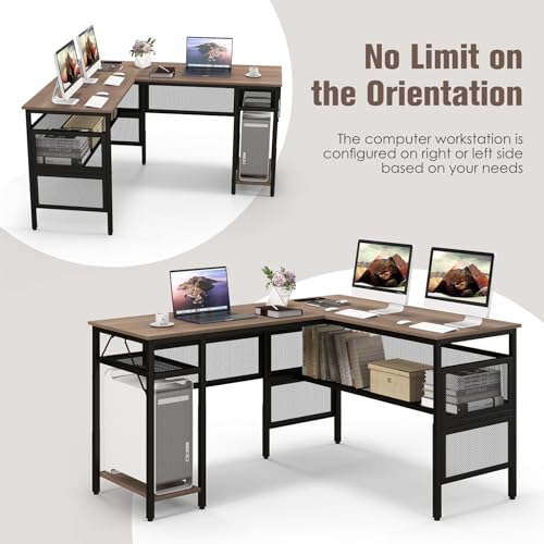 COSTWAY L Shaped Desk with Charging Station, 55” Reversible Corner Computer Desk with Mesh Storage Shelves, CPU Stand, 2 Person Gaming Desk Computer Workstation for Home Office | with Mesh Storage Shelves, CPU Stand, 2 Person Gaming Desk Computer Workstat