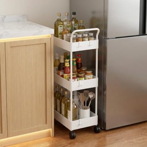 Storage Cart on Wheels, 3 Tier Slim Laundry with Wheels Bathroom Organizer with Hanging Cups Hooks Dividers Handle Mobile Rolling Art Cart for Bathroom Kitchen Narrow Places, White - style: 3 Tier White